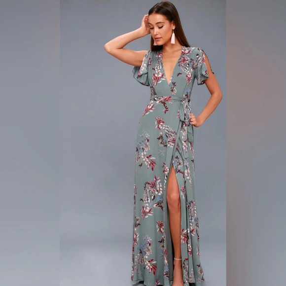 Lulu’s Maxi Dress Fiorire Slate Blue Floral Print Wrap Size XS Romantic Feminine - Picture 16 of 16